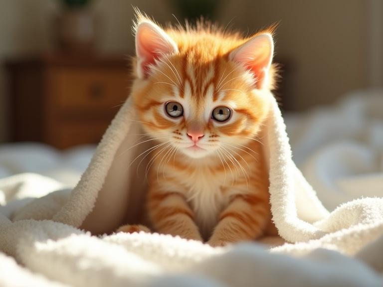 A hyper-realistic orange kitten sits wrapped in a white towel. Soft natural lighting creates a warm atmosphere. Large shiny eyes blink gently. Background is softly blurred, resembling a cozy bedroom. The kitten remains still, only its eyes move. 9:16 aspect ratio, cinematic lighting, ultra high detail, no motion blur.