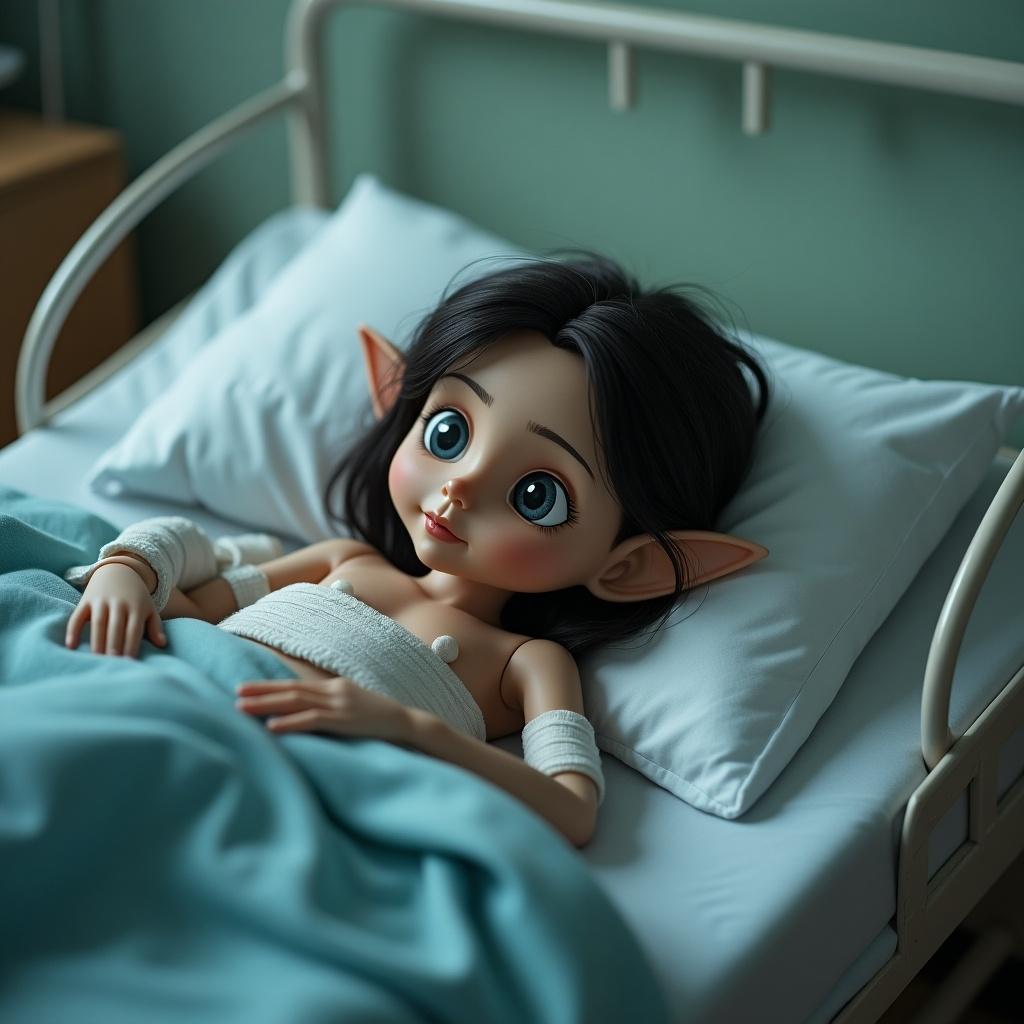 Elf character on a hospital bed. Doll has a whimsical appearance with large eyes and pointy ears. Character appears to be recovering with bandages. Soft colors and natural light create a serene atmosphere.