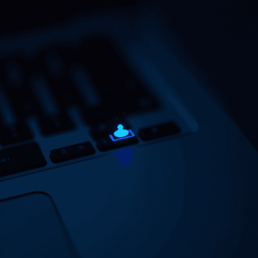 A close-up of a glowing blue icon on a dark keyboard.