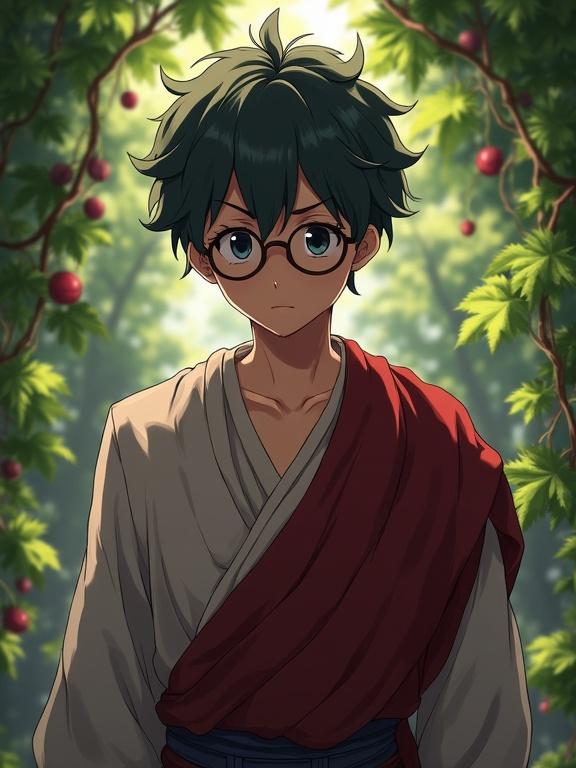 Young man in his early 20s with round glasses and robes. He appears timid and worried. Set outdoors with vines and wine elements in the background. Style is anime with a realistic dark fantasy theme.