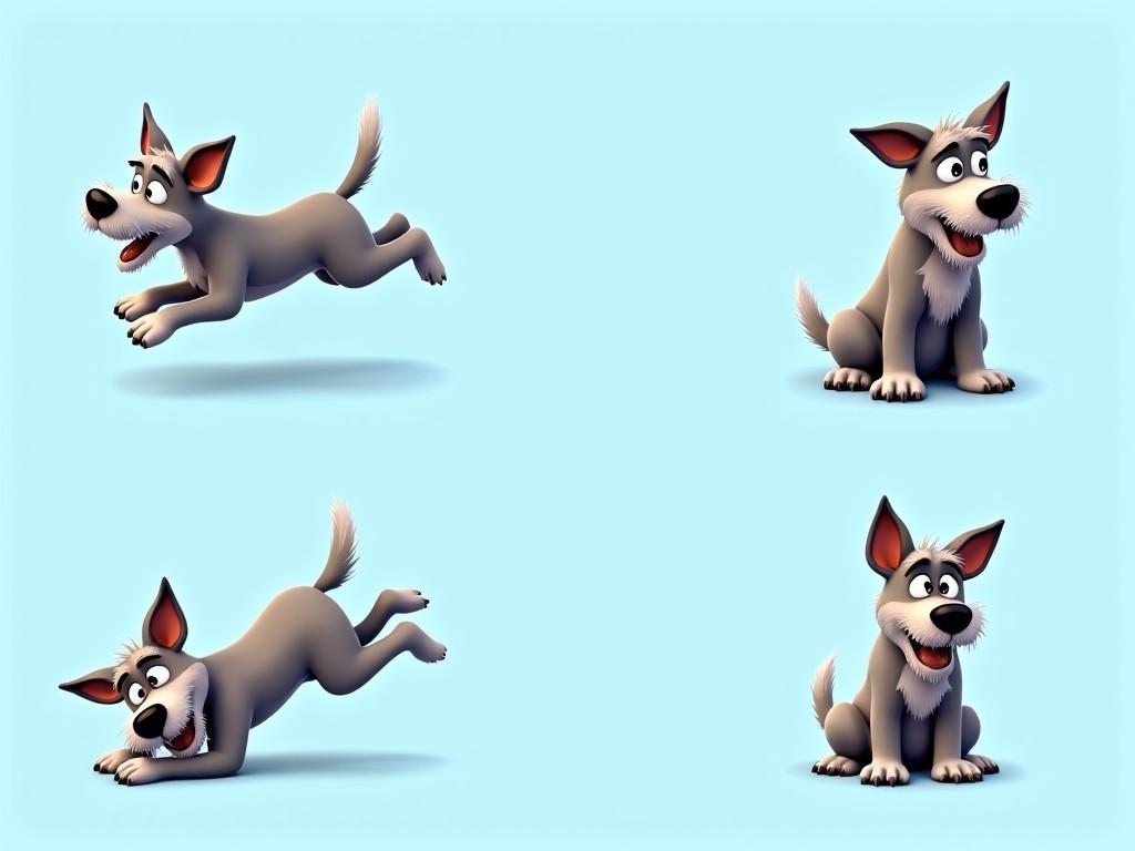 A playful cartoon dog in four different poses against a light blue background, displaying a happy and animated personality.