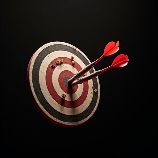 3D dartboard on a black background with several darts in the air above it. The bullseye is visible with two darts embedded. The scene emphasizes a competitive atmosphere.