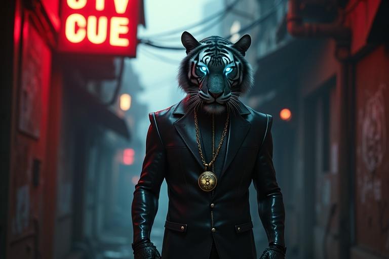 Cinematic close-up of a shadowy alley. Neon signs flicker under daylight. A Royal Bengal tiger in a luxurious cyber-textured suit stands on two legs. Cold blue eyes glint with malice. Silver headgear glows faintly, controlling neurochips. Gold chain dangles from wrist. Stern expression hints at sinister plans. Contrast between alley's grit and city's gleam in 16:9 frame.