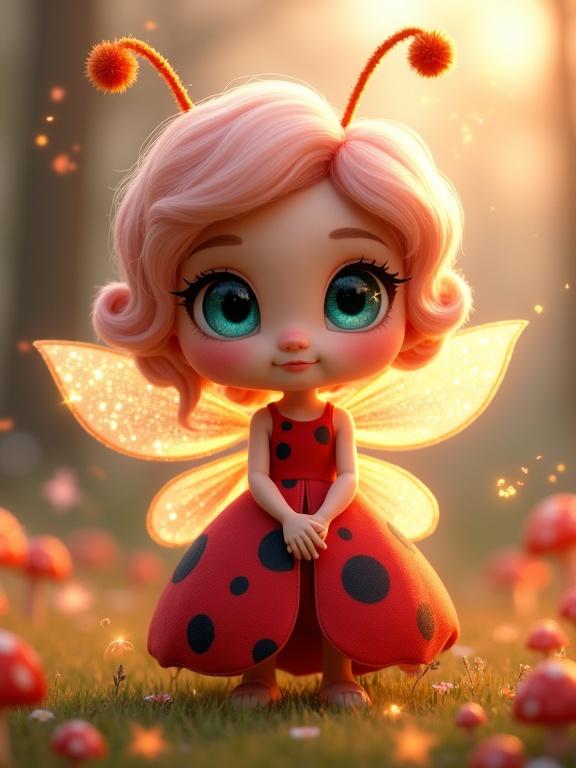 A whimsical ladybug fairy named Lady Lulu with pink hair and turquoise eyes stands in a glowing meadow filled with mushrooms. She wears a red ladybug outfit with black polka dots and has delicate wings and orange antennae. The scene radiates warmth and magic.