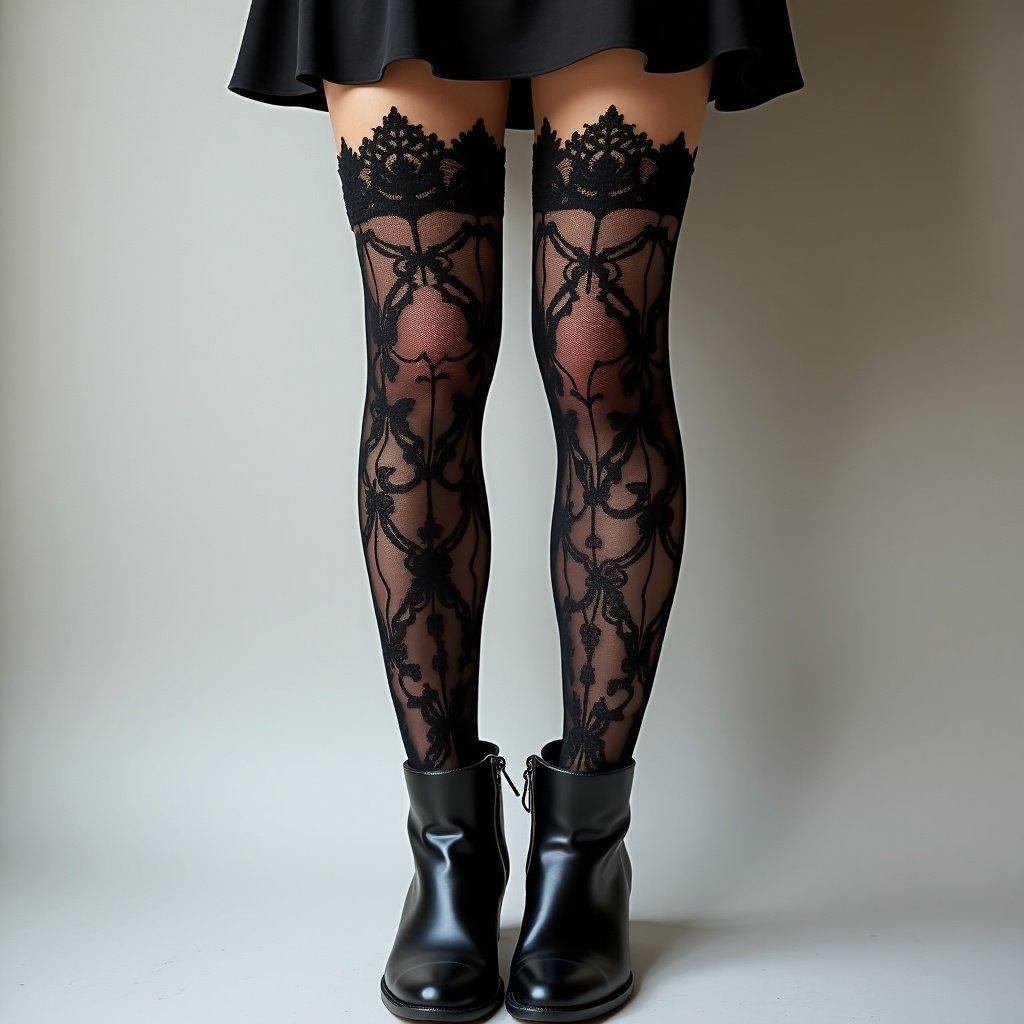 Stylish photograph featuring legs of a woman wearing intricately designed lace stockings and black leather boots. Simple background enhances focus on the outfit.