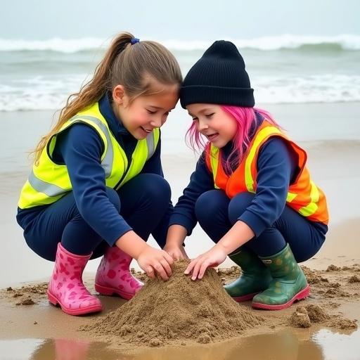 Two girls on a beach building a sandcastle. One girl has dark blonde hair in a ponytail; both are wearing hi-visibility vests and navy-blue tracksuits. The other girl has pink hair and wears a black beanie. They are laughing and engaged in play.