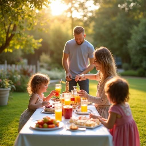 Photographic image of a baby shower party in a garden. Sunny day with mothers, children, and fathers playing. Table set with fruit juices and sweets.