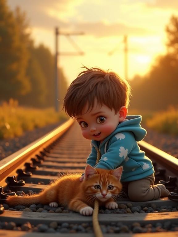 Dramatic countryside railway scene at golden hour featuring a baby boy and an orange kitten. Baby boy wears a blue hoodie and unties the kitten from a rope. Intense focus on the boy's face. Train tracks extend into the distance. Sunset lighting creates shadows and highlights. Semi-realistic Pixar-style.
