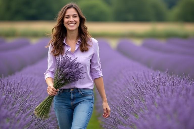 Image of a happy woman in jeans walking in a lavender garden, holding lavender flowers. Wavy hair shoulder-length. Bright and sunny day.