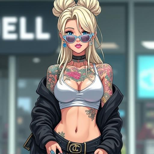 Anime character depicting a woman with blue eyes and a high bun. She wears modern Chanel streetwear and carries a handbag. Background features a luxurious shop. Character has tattoos and piercings. Bright and colorful appearance.