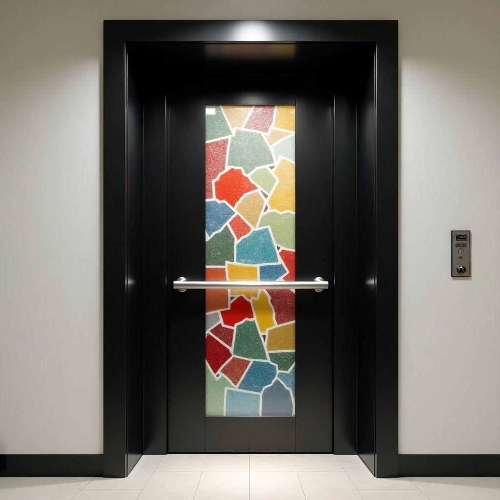 Elevator door is solid black. Glass panel designed with vibrant colors in mosaic pattern. Matte finish for a contemporary look. The panel is centrally located and occupies 50-70% of the door height. Additional features include modern handles and potential backlighting.