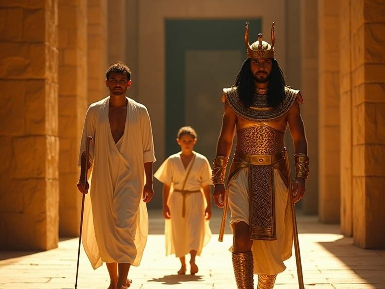 Medium IMAX shot. Pharaoh exits temple in full Exodus-style regalia: gold scale armor, engraved kilt, cobra crown, gold cuffs. High priest walks ahead in white linen with gold trim, holding staff. Doctor follows in plain linen, barefoot, uncertain. Firelight glows on armor and skin. All have Egyptian features. Sacred, cinematic moment.