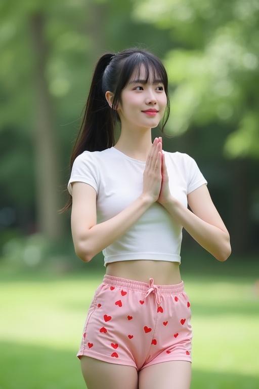 A young woman performs yoga in a green park. She wears a white crop top with red hearts and light pink shorts. Her hair is styled in a single ponytail. The atmosphere is calm and serene, reflecting a natural setting.