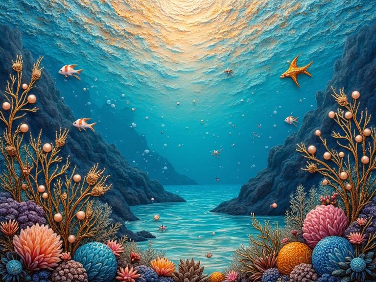 Alcohol ink glass creates 3D tropical reef scene. Features rolling magical sea, radiant colors, intricate gold details, delicate pearls. Ethereal underwater view with sparkling light