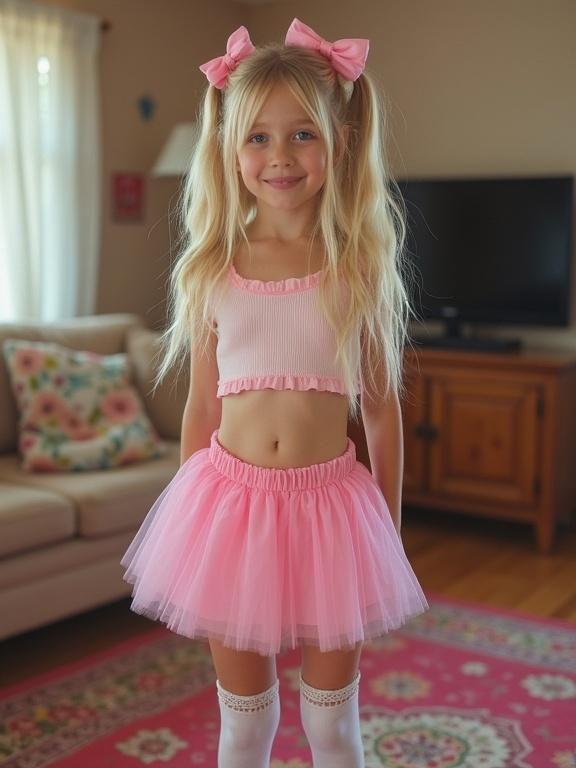 Young girl in a living room wearing a pink costume. Long blonde hair with bows. Smiling with a slim waist. Colorful decor in the background. Photograph taken with low resolution and bright colors.