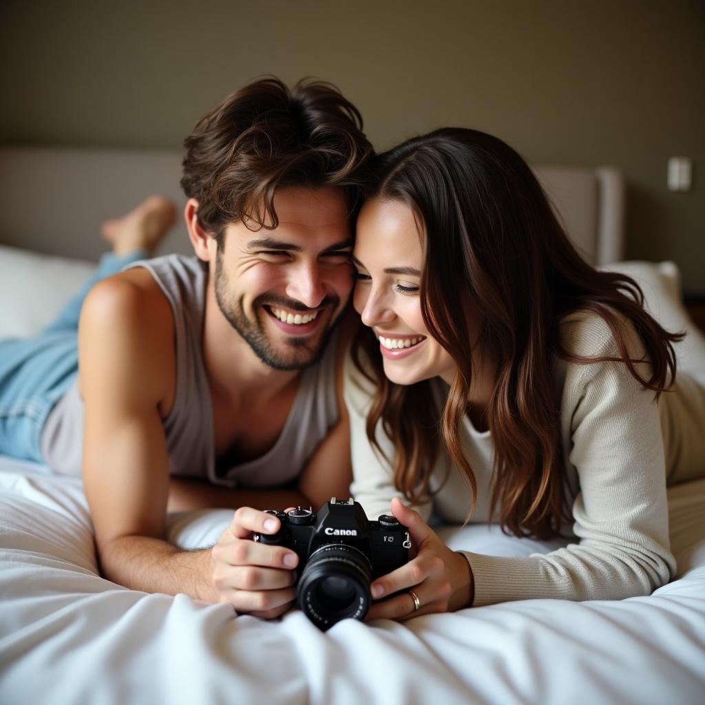 A couple lies closely on a bed. They smile affectionately while holding a camera. The setting includes a bed and a softly lit room.