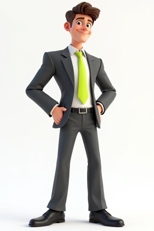 3D character inspired by Pixar features a young man in a playful pose wearing a white shirt a neon green tie a dark grey suit and black mocasín shoes with a simple and neutral background