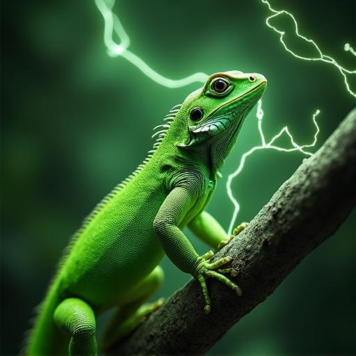 A vibrant green lizard sitting on a branch with an electrifying effect in the background. The lizard has a sharp gaze and its skin texture is seen clearly.