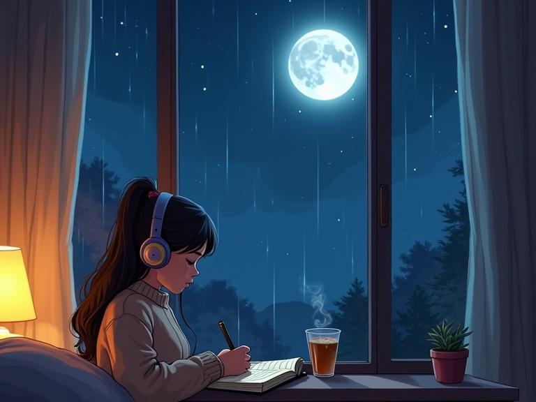 A cozy anime-style digital illustration features a young woman near a large window at night. She wears headphones and a warm sweater while writing in her journal. A steaming mug of tea is next to her. Outside the window, a full moon glows in the starry sky with rain falling. The room is lit by a yellow lamp. The mood is calm and peaceful, fitting for weekend relaxation. Soft shadows and ambient lighting create lo-fi vibes.