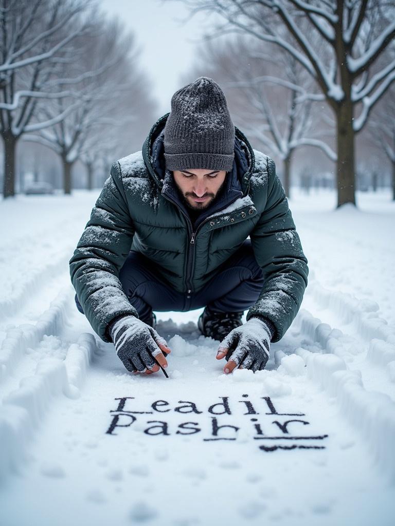 Person writing the name Leadil Pashir in the snow on a winter day. Trees line the background and snow covers the ground.