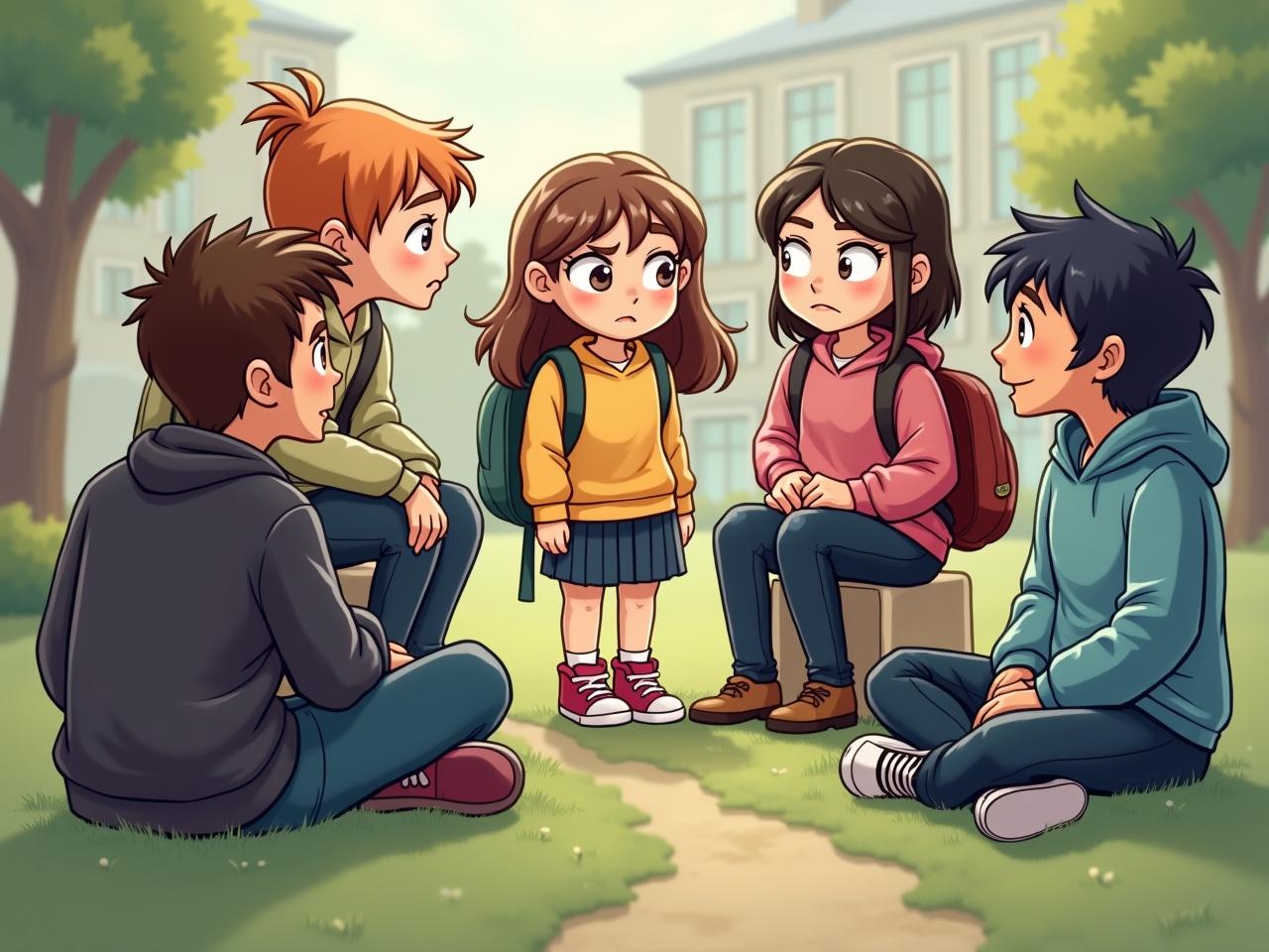 Five college students are gathered in a small circle on campus. The atmosphere is calm and inviting, with soft lighting filtering through the trees. At the center, a girl looks worried and uncertain, surrounded by her peers. They express curiosity and concern through their body language. Each student has a distinct style, representing their personality. This scene captures the essence of friendship and support among young adults.