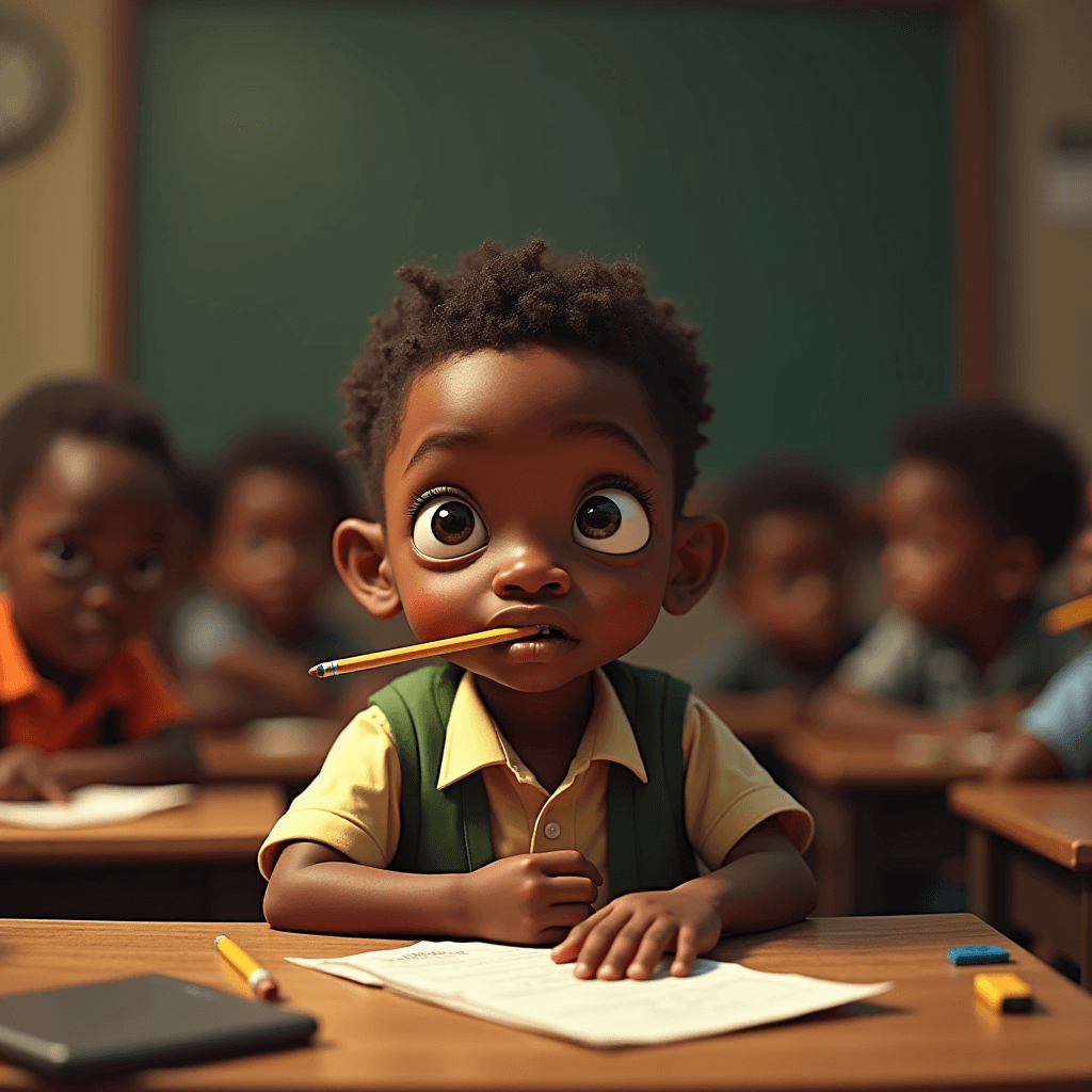 A cartoon child with big eyes sits in a classroom, looking thoughtful with a pencil in their mouth.