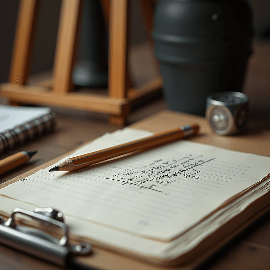 A pencil rests on lined paper with scribbles, surrounded by a clipboard and small objects on a wooden desk.