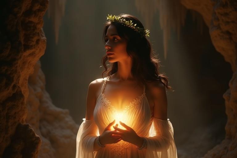 Hyper-realistic scene of a young woman in a cave. She stands with radiant glow from her chest. Dark cave surroundings with stalactites. Shadows retreat from the light. Milk-white skin glows softly. Wavy black hair flows elegantly. Dressed in white-blue silk adorned with floral patterns. Leaf headband and jasmine bracelet shine. Bright daylight filters through the cave entrance. Richly detailed rock textures and effects in lighting.