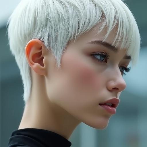 Hyper-realistic close-up portrait of a woman with short white hair, side-faded and trimmed for a futuristic look. Her half-closed eyelids and serene expression convey strength and mystery.