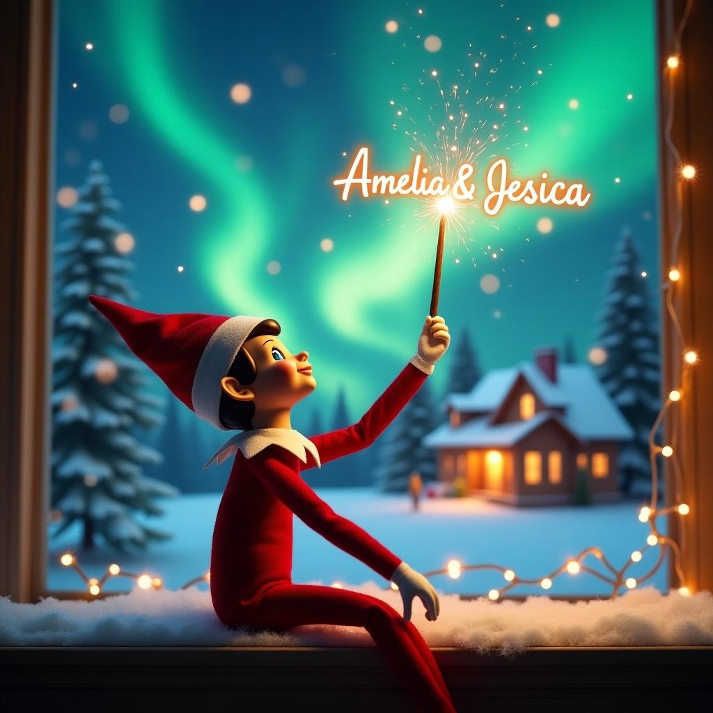 An elf sits with back to viewer and gazes skyward. It holds a wand emitting sparkling light. Background includes a Christmas scene with colorful northern lights. A cozy decorated house is seen in the distance. Snow covers the ground. The elf embodies spirit of Christmas magic. Name 'Amelia & Jessica' is created in the air with the wand.