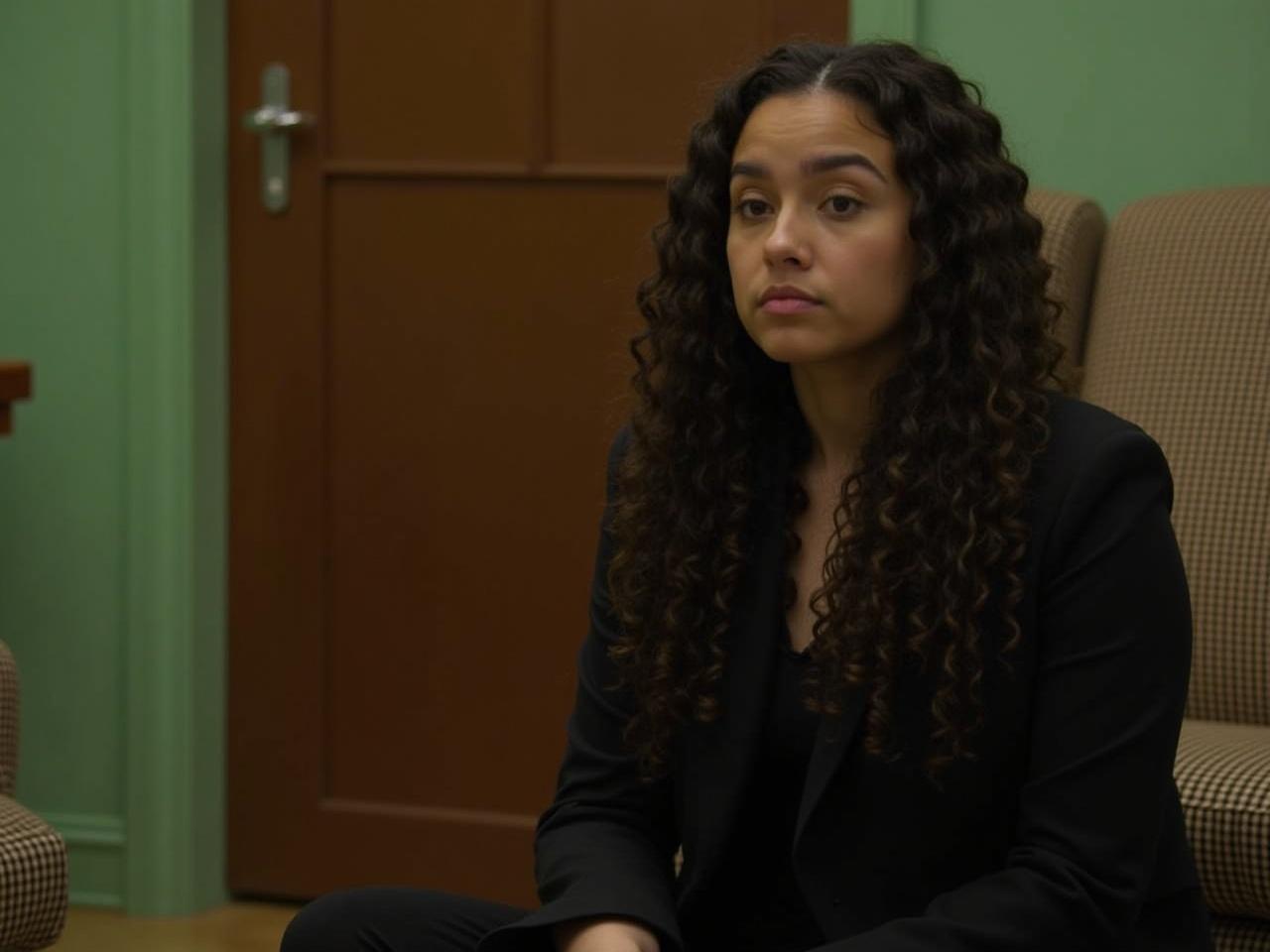 The image features a person with long, curly hair sitting indoors. The individual is wearing a black outfit, which adds to the overall aesthetic. There is a wooden door in the background, along with a green wall that gives the space a calm vibe. A checkered chair can be seen, adding texture to the scene. The person appears to be captured in a moment of reflection or calmness.