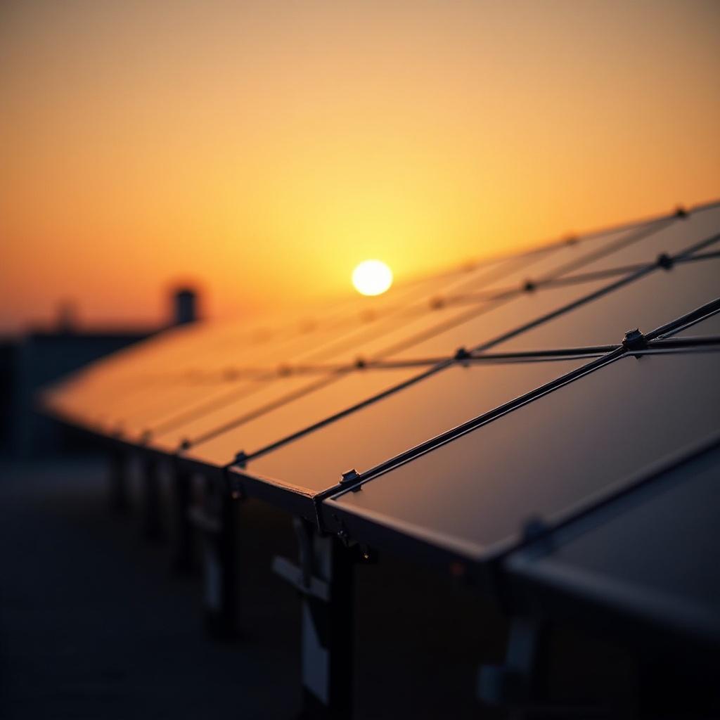 A row of solar panels is situated on a rooftop, reflecting the warm hues of a vibrant sunset. The sun is setting in the background, casting golden and orange tones over the scene. Each panel glistens, showing a mirror-like reflection of the colors above. The perspective is taken from a low angle, emphasizing the sleek design of the solar panels. Shadows create an interesting pattern on the rooftops, adding depth to the composition.