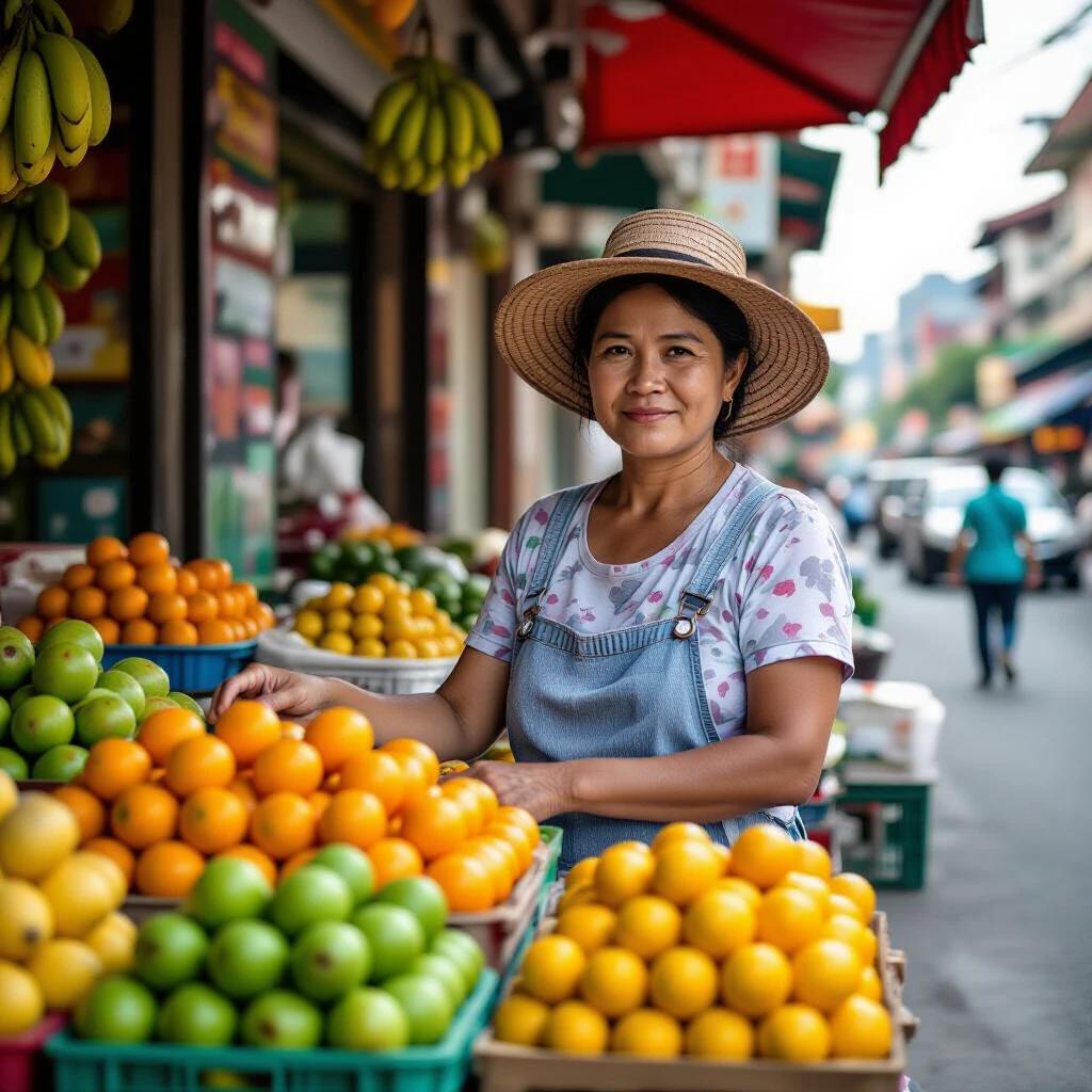 Photo depicts a woman selling fruits at a street market. She is smiling while standing behind a display of colorful fruits. The scene shows a busy street in the background.