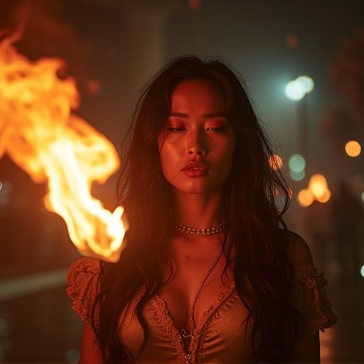 A woman illuminated by fire shows a mix of beauty and fear with a dramatic background. She has long hair and wears a stylish top.