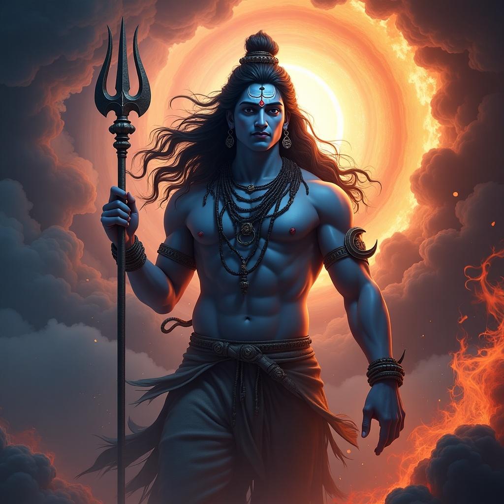 depiction of Lord Shiva in a cosmic setting. Background features a swirling vortex of crimson and cobalt hues. Long hair flowing, adorned with a crescent moon on the forehead. Muscular physique highlighted by golden light showing beaded adornments and a trident. Flames and clouds surrounding him creating a dynamic aura.