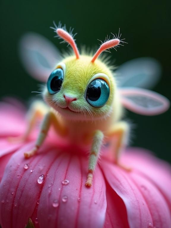 A tiny hybrid between insect and fairy sits on a pink flower petal. It has large turquoise eyes, fluffy pink body, delicate wings, and soft features. Dew droplets cling to its body and flower, set against a dark green background.