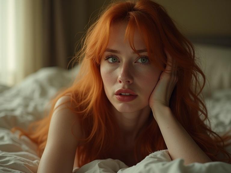 Cinematic image of a beautiful woman with jade eyes and red lips. She has long red hair framing a pale face. Dressed in a futuristic outfit. Lying on a bed in a stylish bedroom. Emotional display of deep disappointment and astonishment. Focus on beauty and elegance.