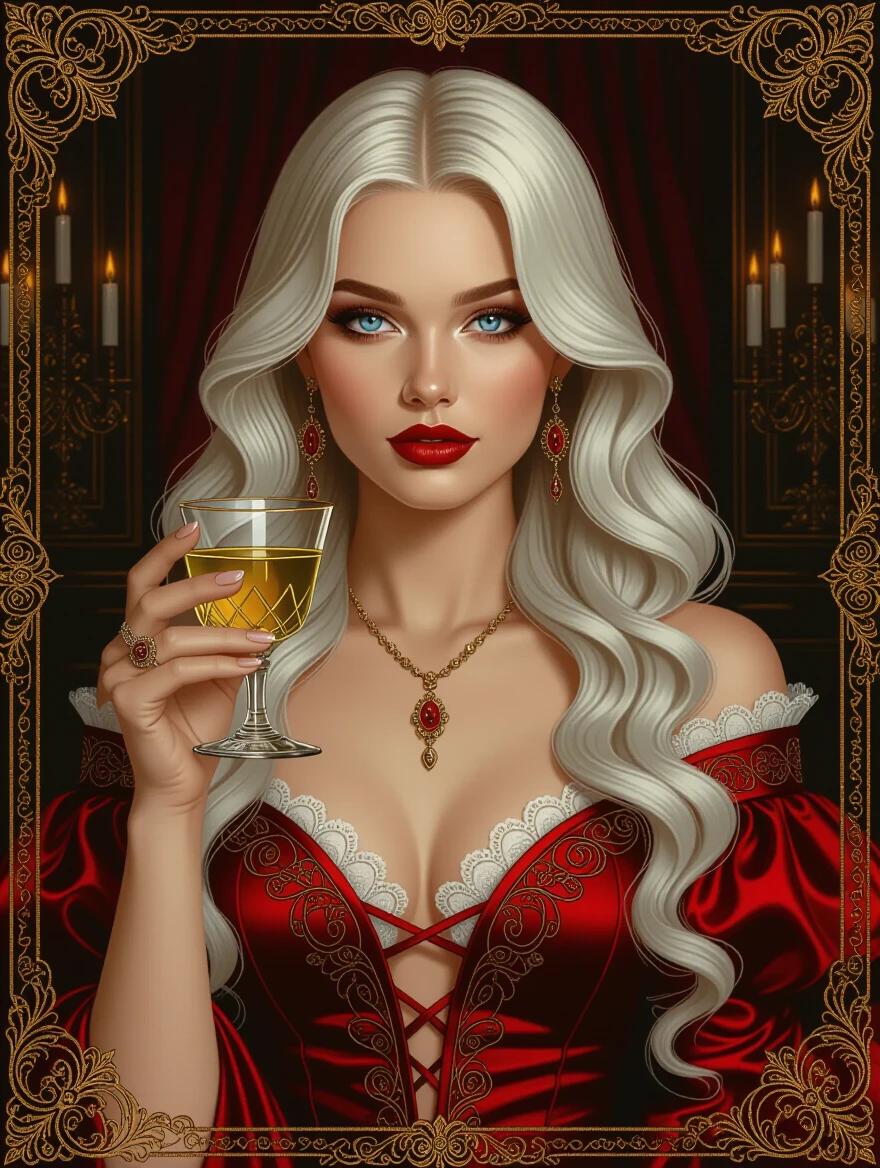 An oil portrait features a beautiful lean Russian woman in her 20s with long wavy white hair and piercing blue eyes wearing ornate red colored modern formalwear. She holds a glass of absinthe in a dim mansion room. A scarlet color scheme is established. The tone is dark and mysterious. An art nouveau border surrounds the image.