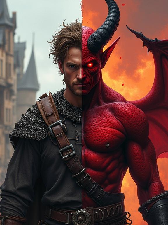 Character design showcases a fantasy character split vertically. Left side features a medieval warrior with chainmail and calm expression. Right side depicts a red-skinned demon with glowing eyes and horns. Background transitions from a medieval town to a fiery landscape. Vibrant colors and painterly style with dramatic lighting. Inspired by unique digital artists.