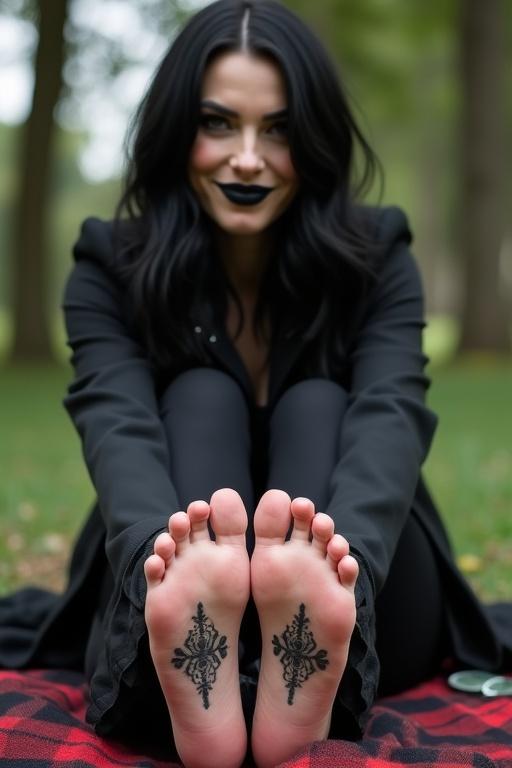 Mature goth woman sitting outside on blanket. The focus is on tattooed soles of her bare feet. She has long black hair and black lips. She is smiling.