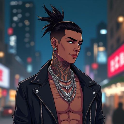 Anime character with a muscular build and tattoos. Wearing streetwear and expensive jewelry. Futuristic setting with city lights in the background. Night scene with a modern feel. Character has a spiky ponytail and sunglasses. Depicts a hip hop culture vibe.