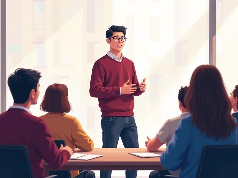 Illustration of a young man in casual wear speaking confidently in a corporate meeting room. Audience diversity is apparent in ethnicity, age and gender with a cohesive color palette of maroons and navy blues. Background is transparent.