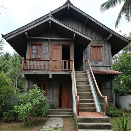 Two-story wooden house located in an Indonesian village. Features an escalator in the front. Surrounded by greenery with a vibrant atmosphere.