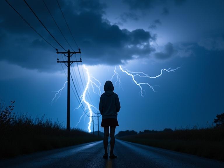 A stormy night features a lone figure on a road observing lightning. The figure wears a hoodie and skirt. The sky has dark clouds and lightning bolts. Power lines are visible in the scene. The atmosphere feels tense yet calm.