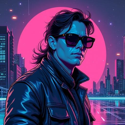 A vibrant 1980s movie poster features neon pink and electric blue color schemes. It includes bold typography with blocky fonts and illustrations. Dark sunglasses and leather jackets are present. A futuristic cityscape with glowing lasers and pixelated graphics surrounds the scene. Dramatic shading enhances motion with light streaks and plasma effects. Retro sci-fi and action vibes are evoked reminiscent of classic 80s films.