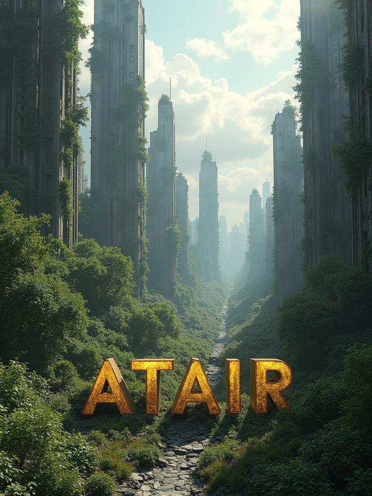 Futuristic scenario shows a ruined cityscape overgrown with vegetation. In the center is the name 'ATAIR' in 3D text. The letters are gold and white.