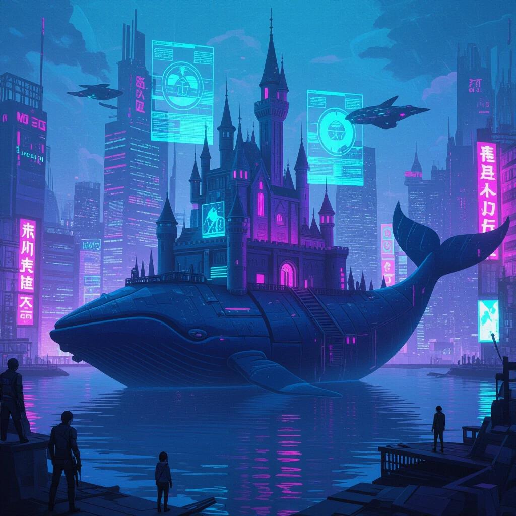Castle on a whale's back in a cyberpunk city. Neon lights and holograms everywhere. High-tech urban setting with a whimsical touch. Vivid colors create a magical yet gritty ambiance. Dynamic scenes and edgy characters enhance storytelling.