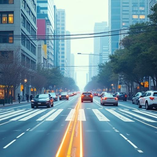 Cityscape with AI navigation. Busy streets with moving cars. Tall buildings on both sides. Urban environment during the day.