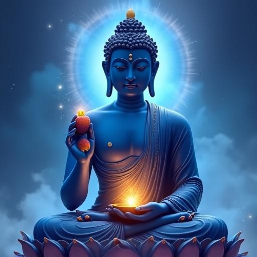 Medicine Buddha with deep Lapis Lazuli blue skin. Serene meditative expression. Eyes half-closed. Right hand holds Myrobalan fruit in Varada Mudra. Left hand holds a golden bowl of healing nectar in lap. Seated on a lotus throne. Radiant blue and soft golden aura. Ethereal background with light blue mist and sparkles. Ultra-detailed with soft lighting.