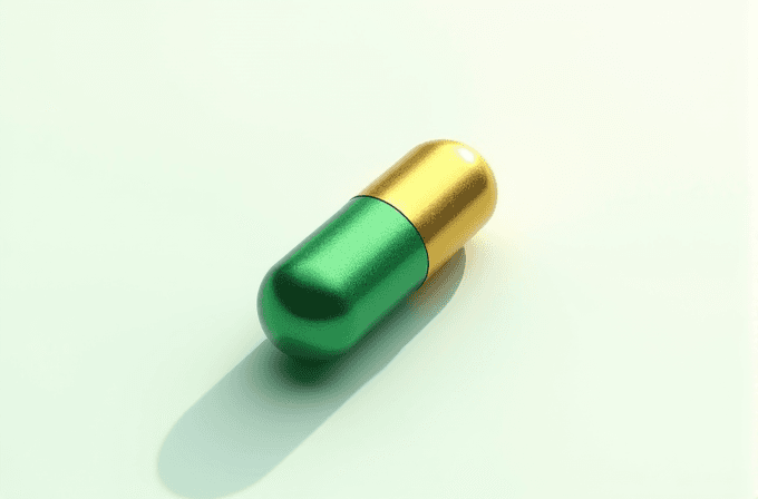 A green capsule with a shiny golden cap stands vertically on a light background.